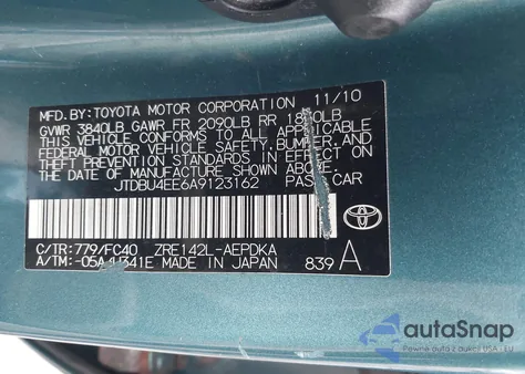 2010 Toyota Corolla Le из США, поврежденный, VIN JTDBU4EE6A9123162